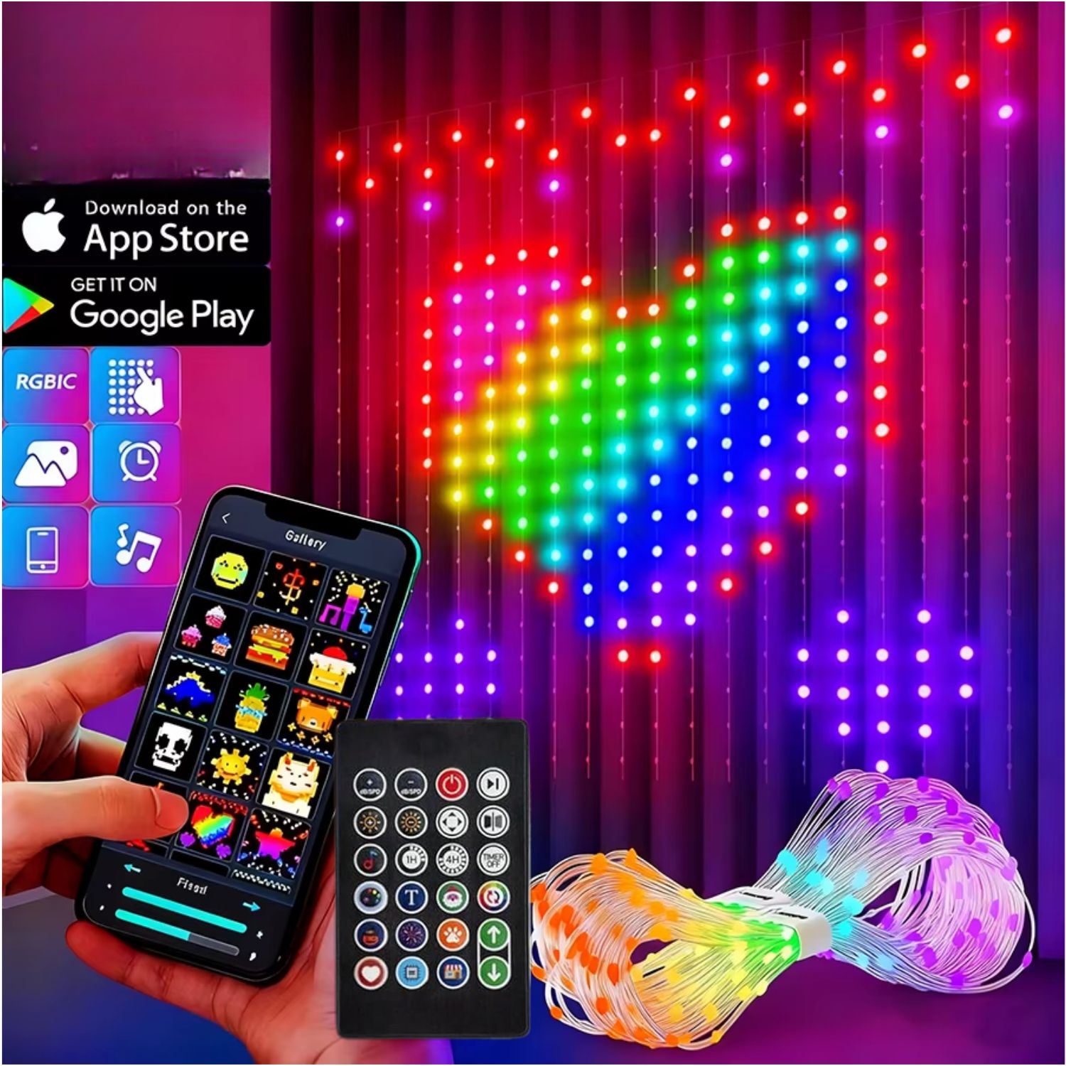 Luces de Cortina Inteligentes RGB 400 LED 3x2m USB con App, Control, Figuras Animadas, Textos DIY y Más de 180 Modos