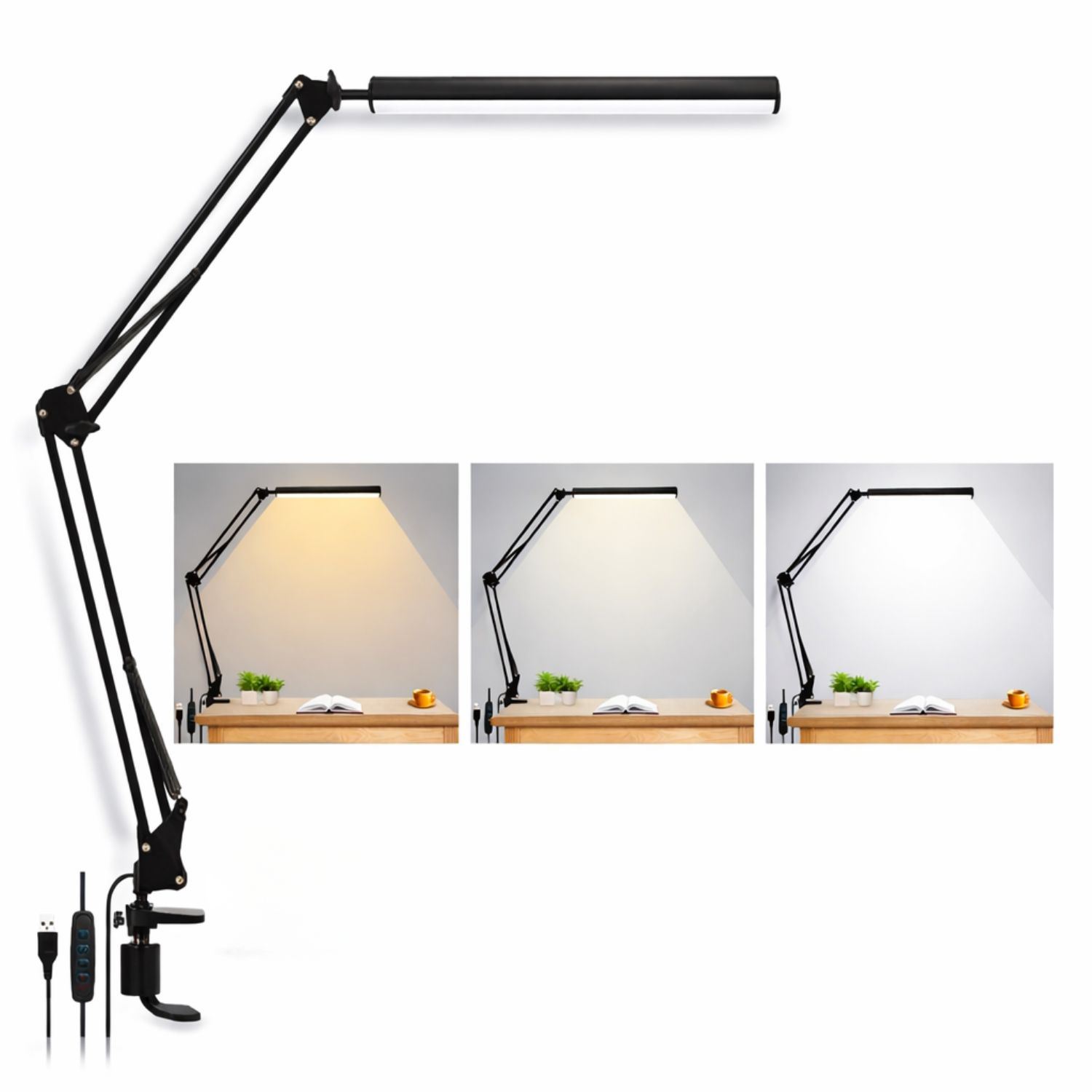Lámpara Escritorio LED Con Clip Ajustable USB 3 Tonos De Luz 10 Niveles Brazo Flexible Para Estudio Oficina