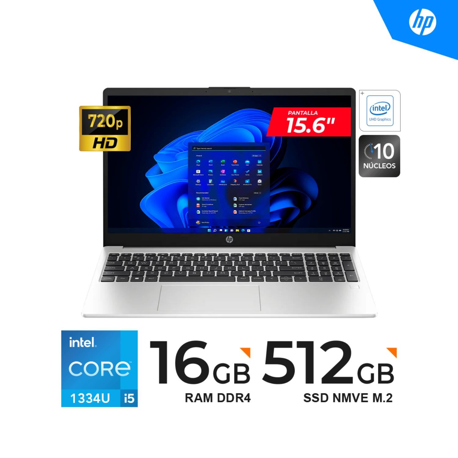 LAPTOP HP 250 G10 15.6" LED HD Intel Core i5 1334U hasta 4,6 GHz 10 NÚCLEOS 12 HILOS 16GB DDR4-3200 512GB EMPRESARIAL FREEDOS