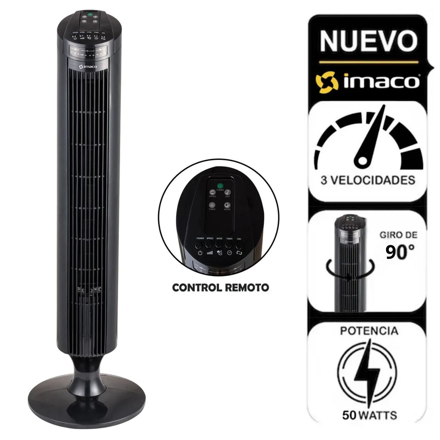 Ventilador de torre Imaco TF3645 50 Watts con control remoto Negro