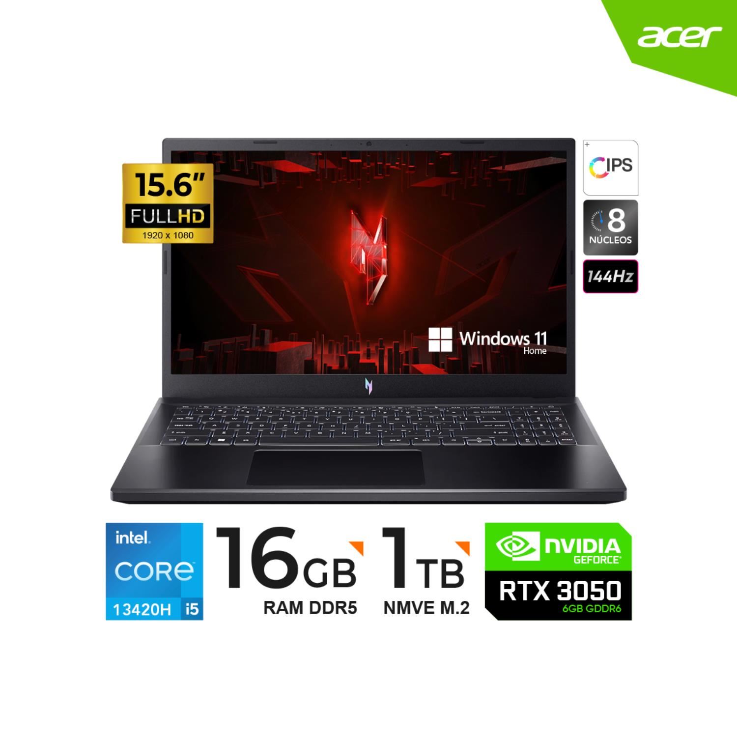 LAPTOP ACER NITRO V 15 Intel I5-1342H/16GB/1TB SSD/15.6"IPS 144HZ/RTX3050 6GB/WINDOWS 11