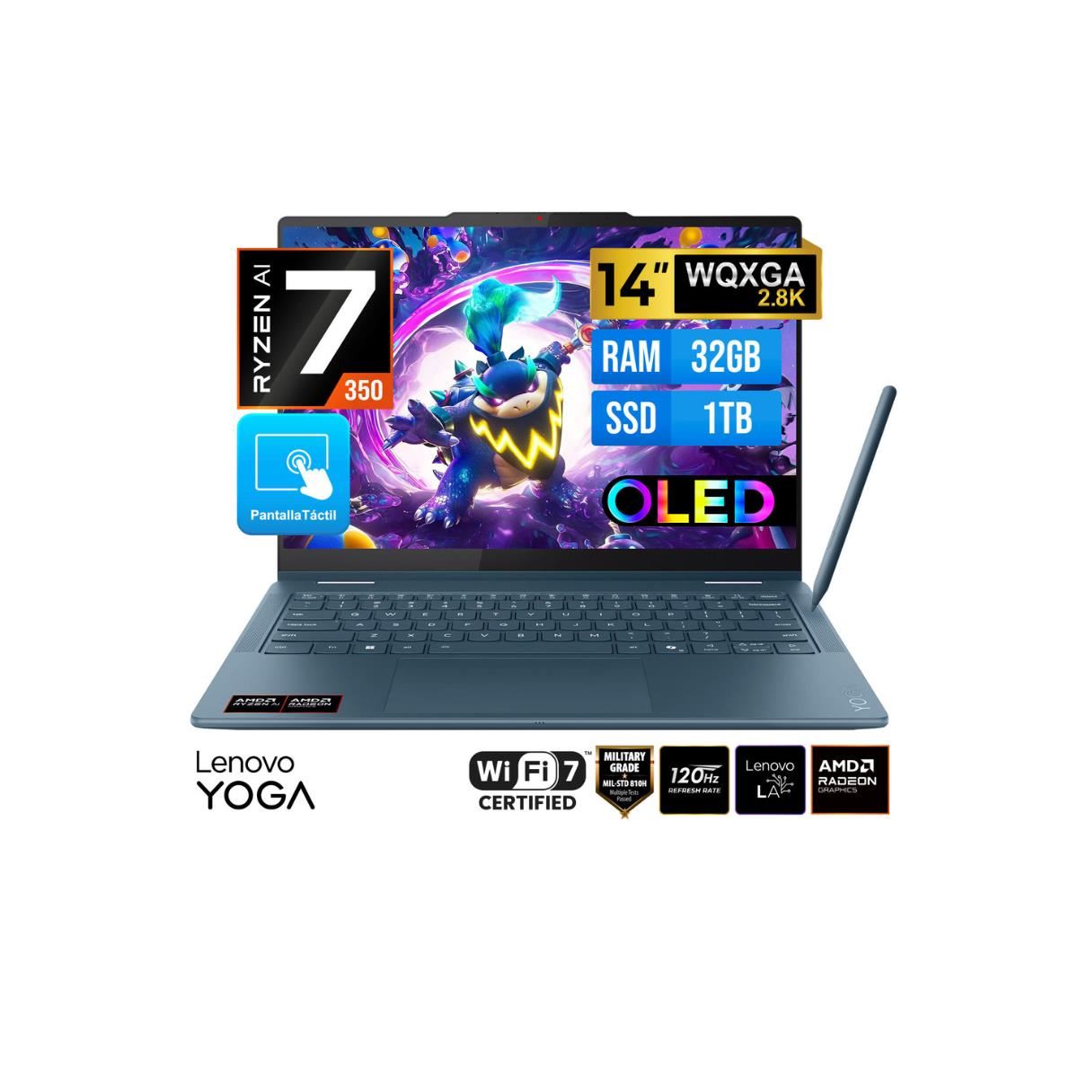 LAPTOP LENOVO YOGA 7 2-En-1 14AKP10 RYZEN AI 7 350 RAM 32GB Disco 1TB SSD 14" WQXGA+ OLED TACTIL FreeDOS