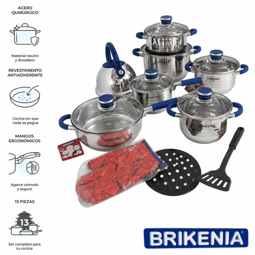 Juego De Ollas Brikenia BES 9148 13 Piezas En Acero Quirúrgico Con Tetera Silbadora Color Aleatorio