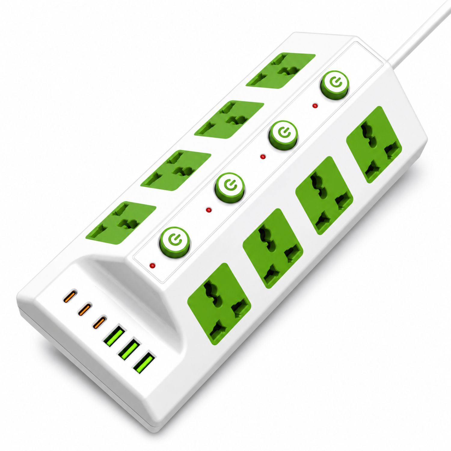 Extensión Tomacorriente 8 Tomas Universales 3000W con 4 Interruptores Independientes, 3 USB, 3 USB-C y Cable de 180 cm