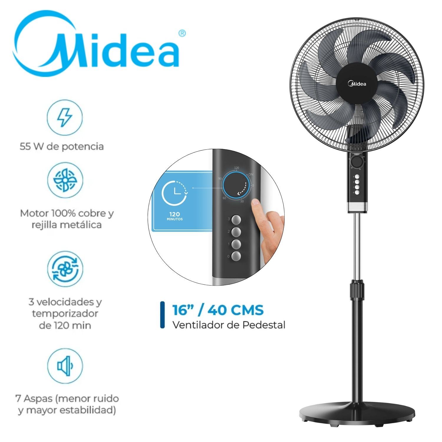 Ventilador con Temporizador 120 min Midea MFA164MB con Aire Amplificado 7 aspas