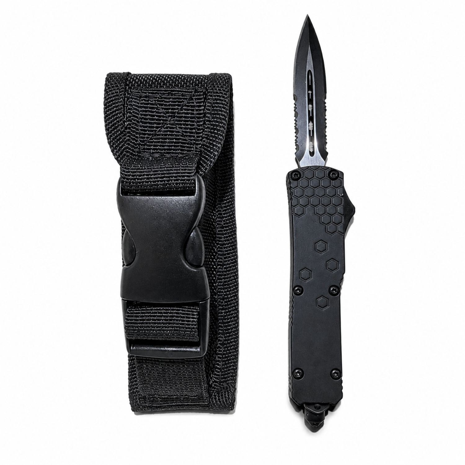 Cuchillo Navaja Automática Táctica De Acero Doble Filo Con Rompevidrios Funda Y Clip Para Cinturón