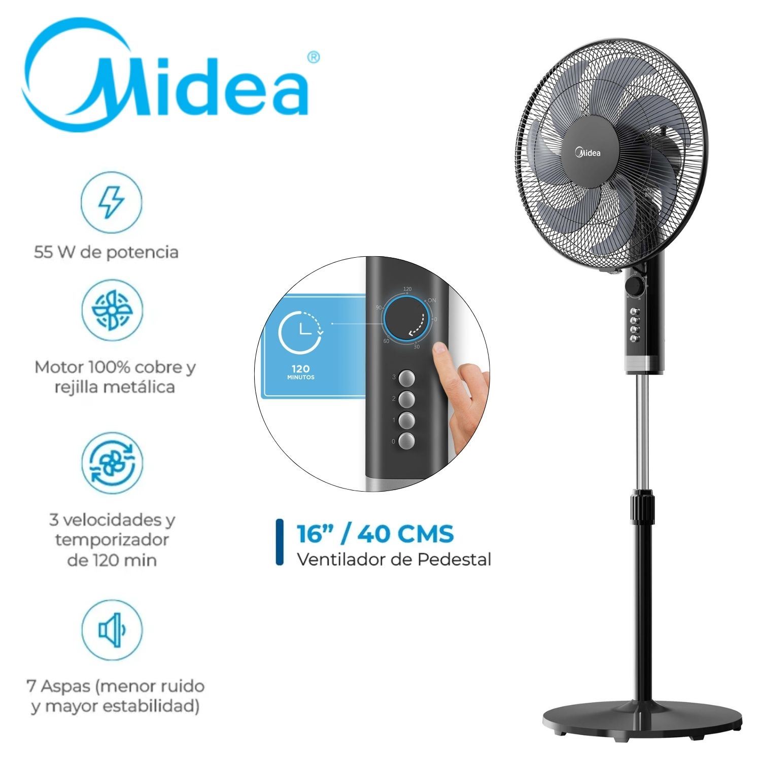 Ventilador Midea MFA 164MB con Temporizador 120 min 16 pulg, 7 Aspas