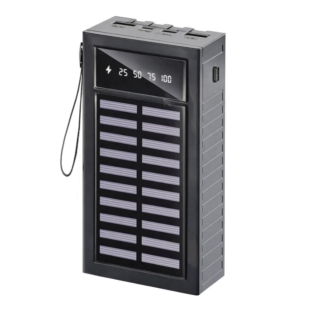 Power Bank Solar 20000 mAh con Cables Integrados Tipo C, Lightning y Micro USB, Luz LED