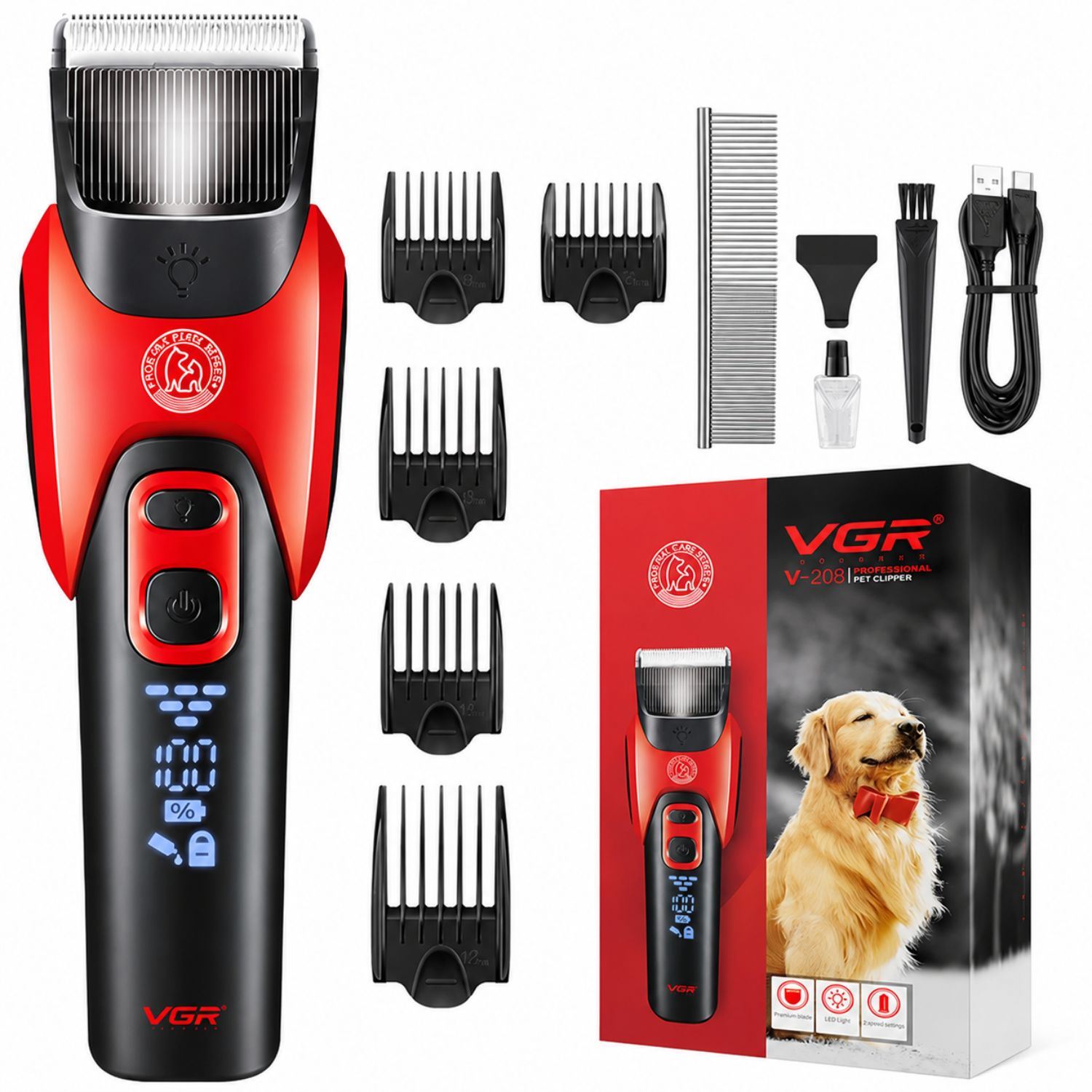 Máquina Corta Pelo para Mascotas Profesional Perros Gatos Recargable USB C Pantalla Digital Luz LED VGR V-208