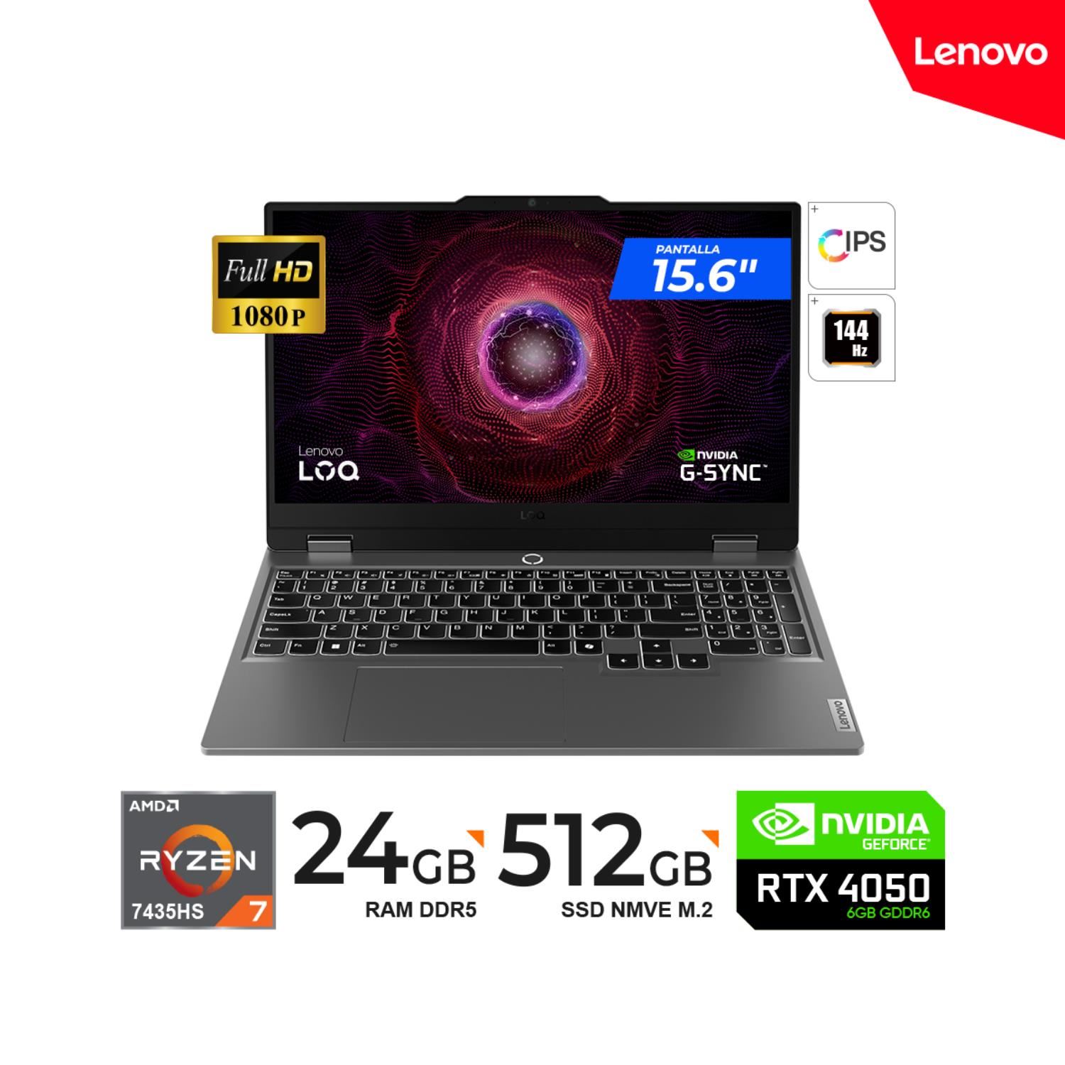 LAPTOP LENOVO LOQ 15ARP9 15.6" FHD IPS 144HZ AMD RYZEN 7-7435HS, 24GB DDR5,512GB RTX 4050 6GB Freedos