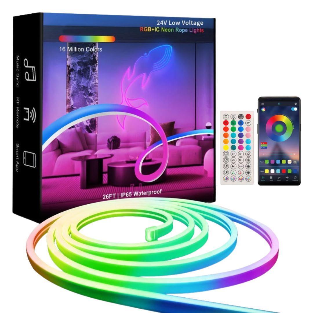Cinta LED Neón RGB 10 m 24 V IP65 con App Bluetooth, Control Remoto y Modo Música para Decoración