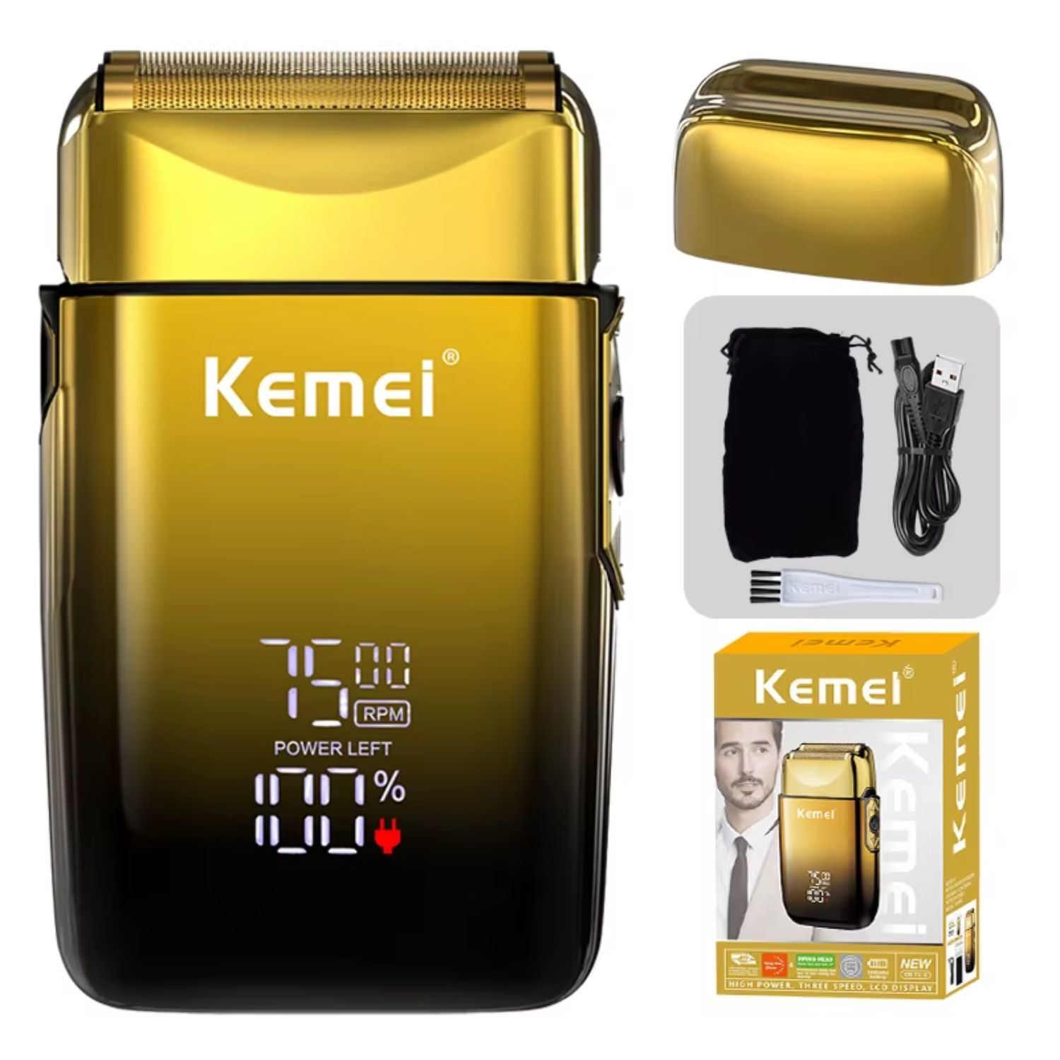 Afeitadora Kemei TX10 Shaver Hombre, Barba, Cabeza y Cuerpo, Motor 7500 RPM, 120 Min de Autonomía, Cuchillas Lavables