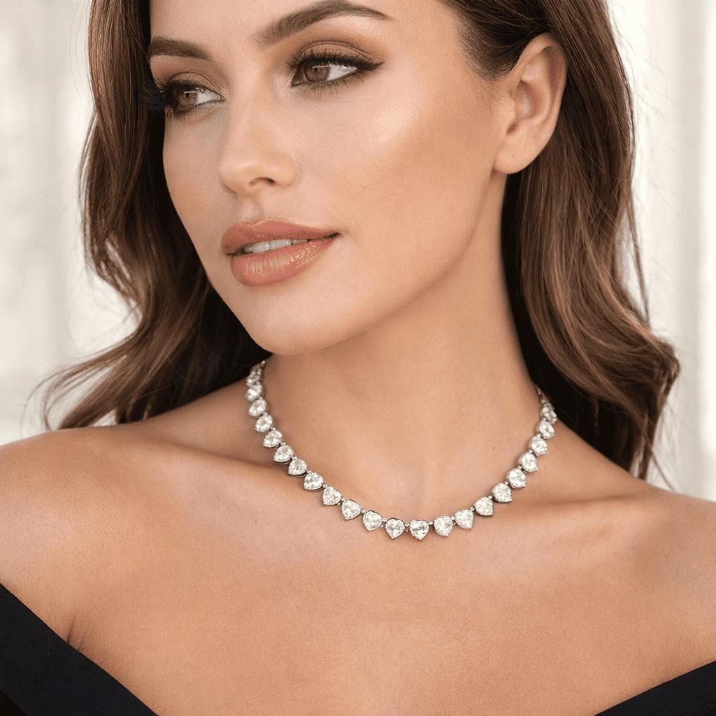 COLLAR 40 CORAZONES BAÑADO EN ORO BLANCO + CRISTALES CIRCON LUJO ELEGANTE REGALO MUJER NAVIDAD MODA GENIEKA