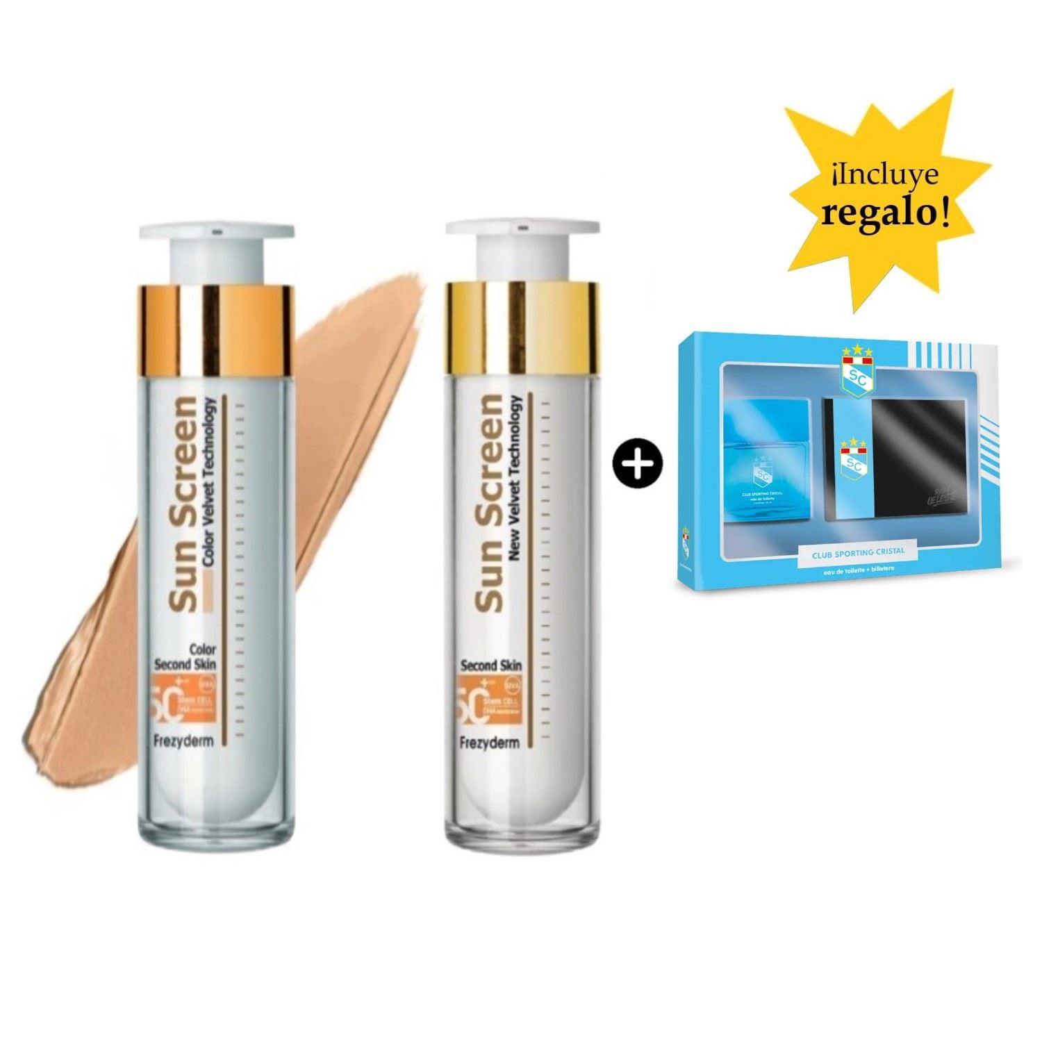 Pack x2 Frezyderm Fotoprotector Sun Screen 50ml Con y Sin Color + Colonia SP CRISTAL con Billetera
