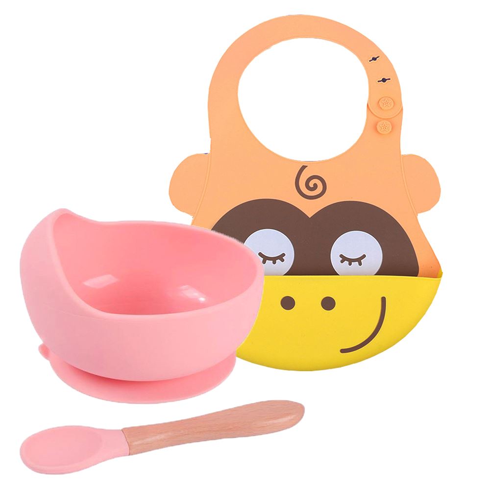 Pack Babero Monito con Cuenco Rosado con cuchara para bebe