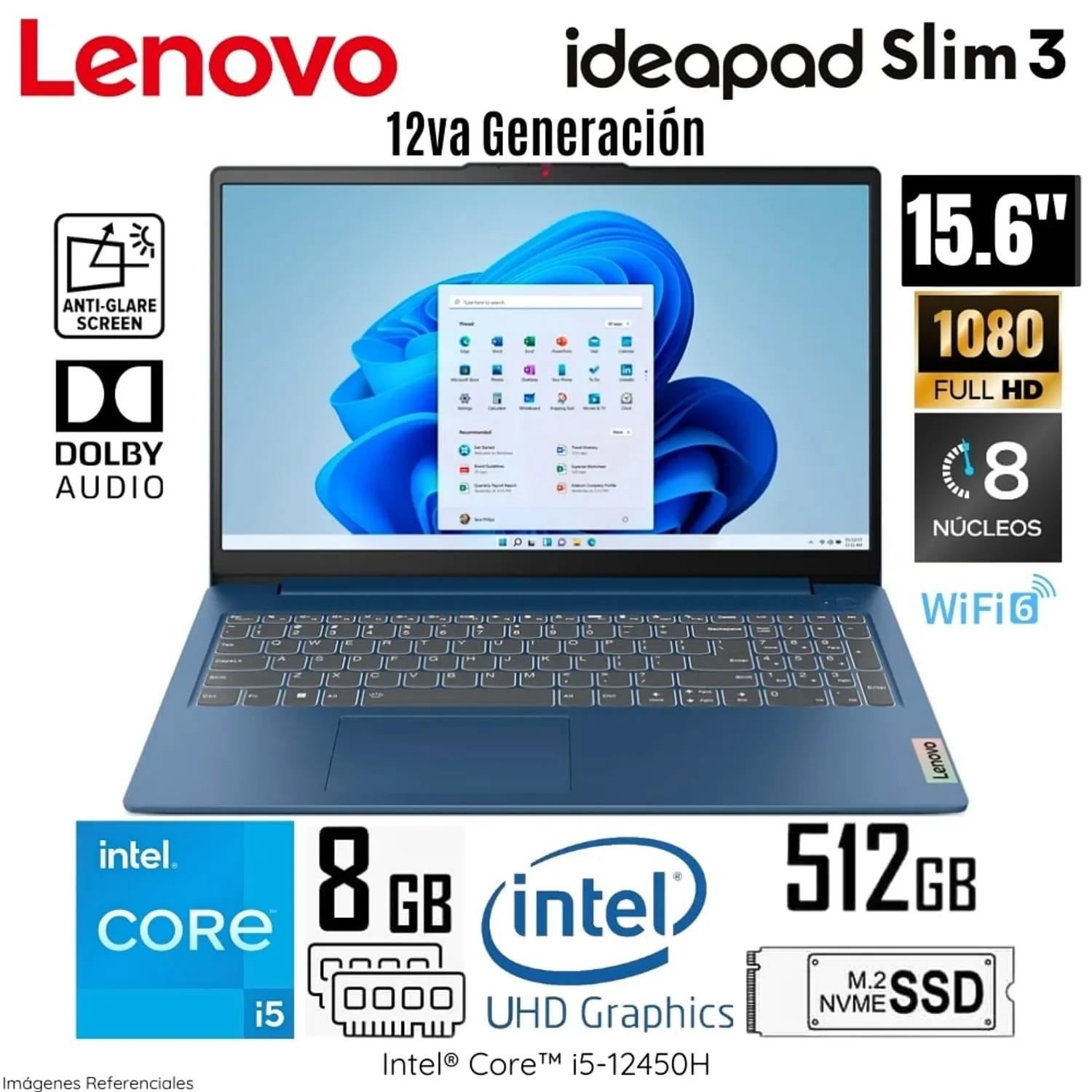 Laptop Lenovo IdeaPad Slim 3 15.6" FHD Core i5-12450H 12va Gen - 8GB RAM - 512GB SSD - Windows 11 Pro