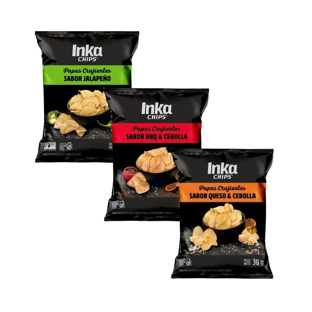Pack Papas Inka Chips Bbq Y Cebolla + Jalapeños + Queso Y Cebolla 3 Und