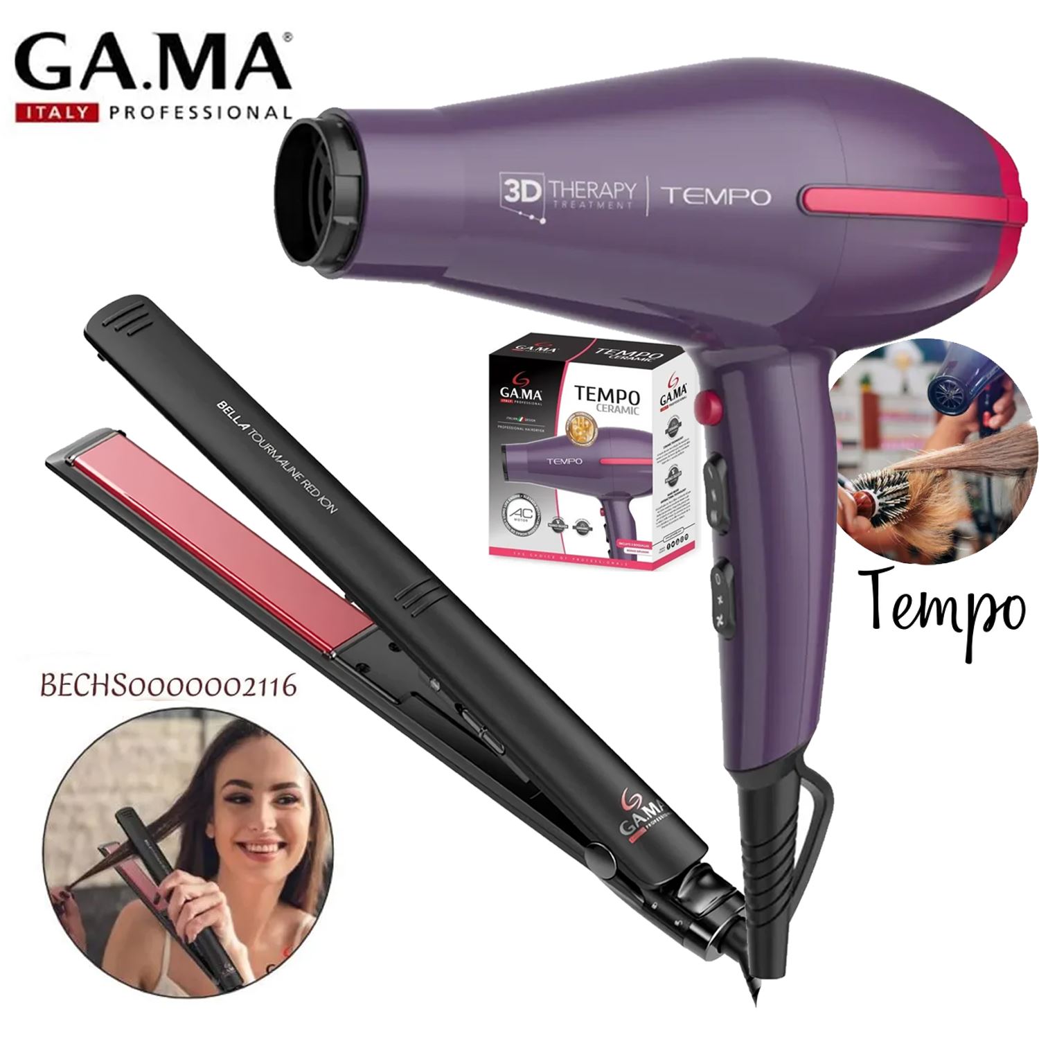 Combo GAMA Secadora de Cabello Tempo Ceramic 2015 + Plancha Alisador Bella Tourmaline 2116