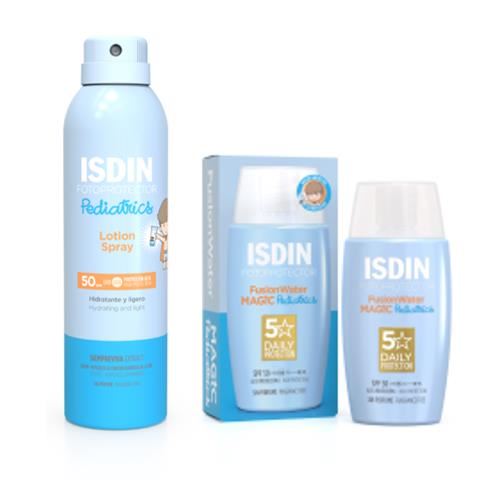 Pack Isdin Isdin Fotoprotector Fusion Water Magic Pediatrics Spf 50+ 1 Und + Isdin Fotoprotector Transparent Spray Pediatrics Wet Skin 250 Ml 1 Und
