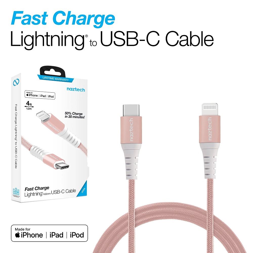 Cable de titanio - naztech usb-c to lightning - 12mt - iphone - rosa
