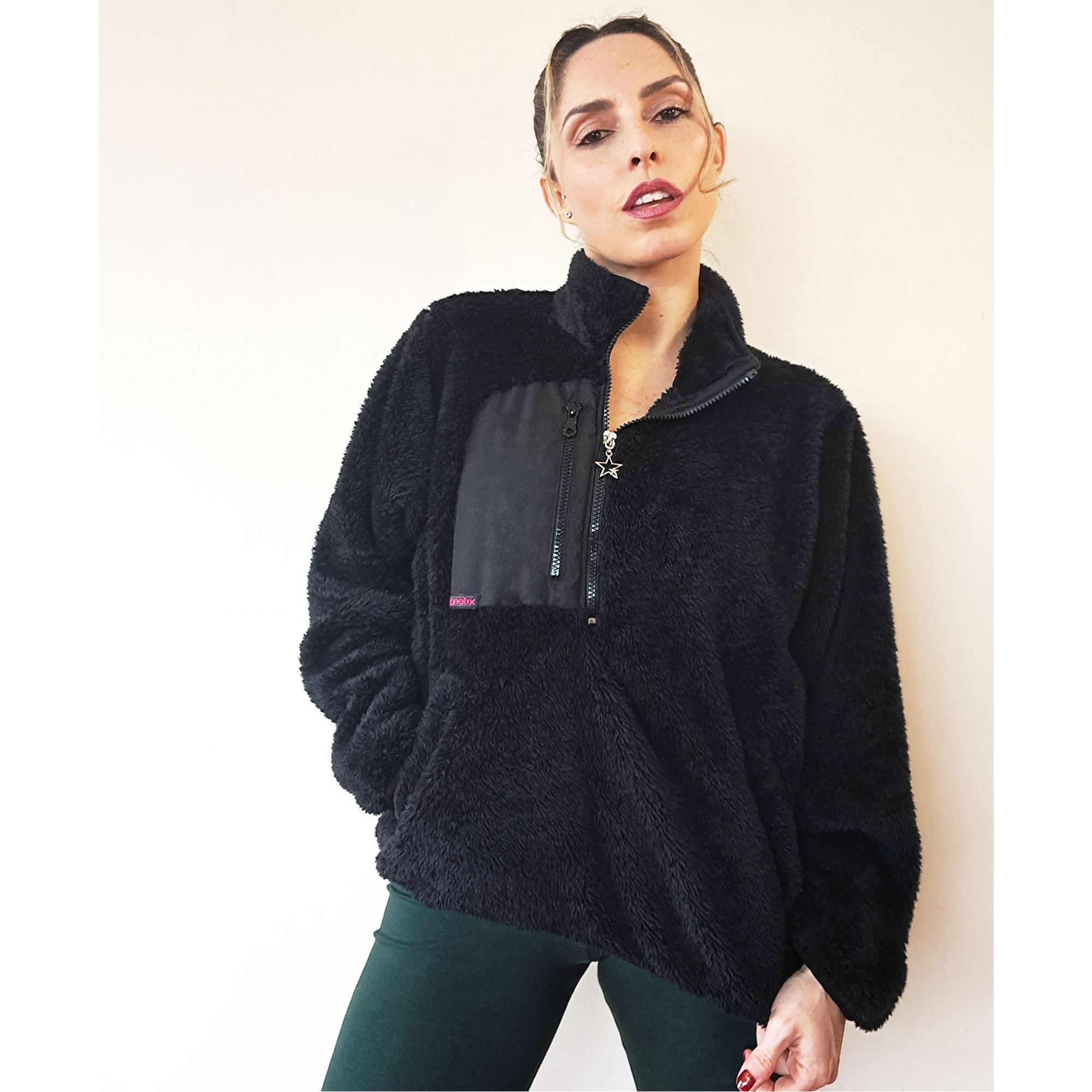 Casaca Polera Casual Kinetix Teddy Oversized Negro Mujer