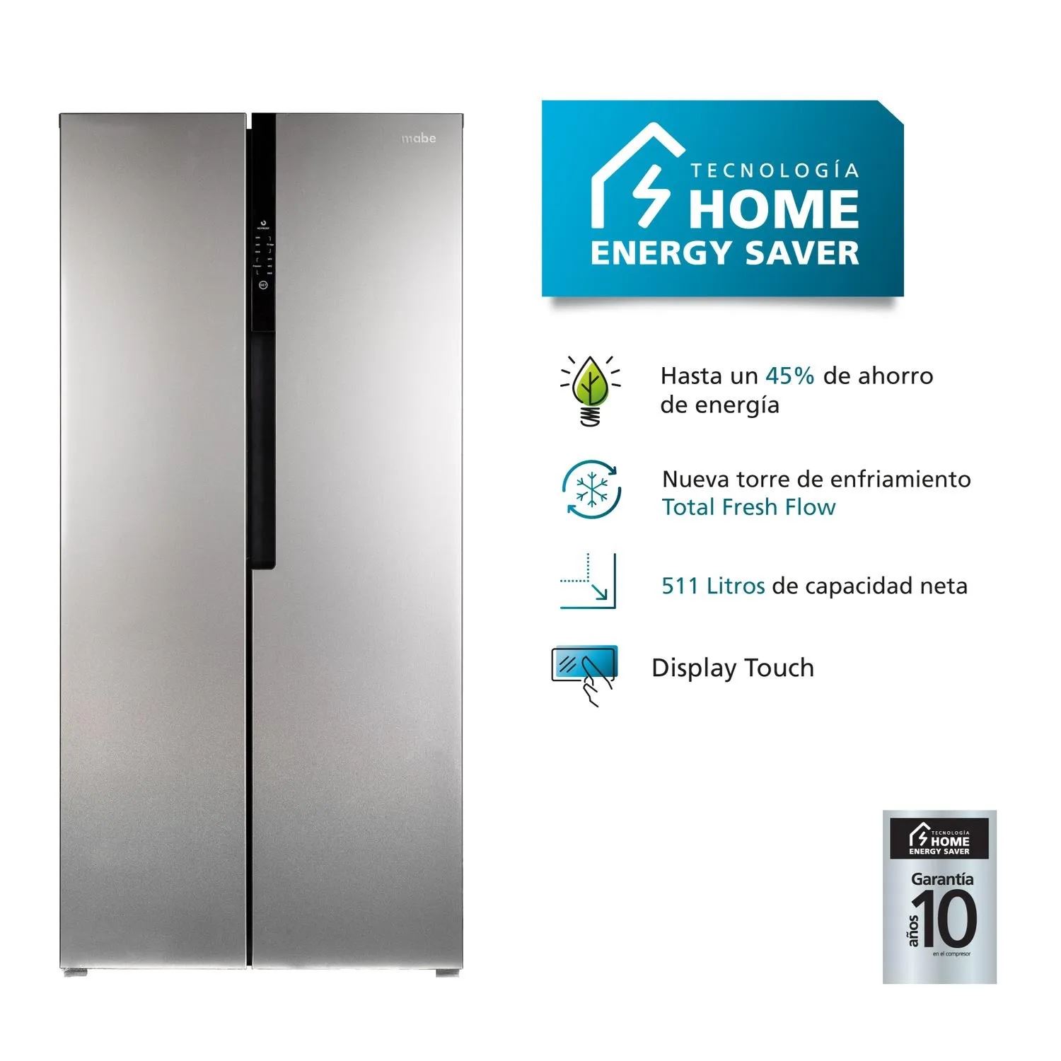 Refrigeradora Side by Side Inverter de 511 L Inox Mabe MSD518LKRSS0