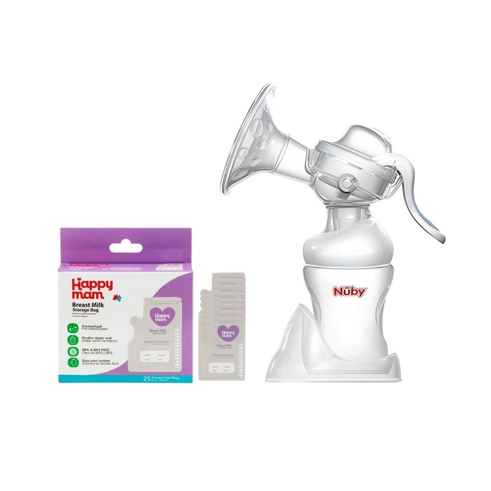 Pack Nuby Extractor Manual De Leche Materna Natural Touch 1 Und + Happymam Bolsas De Almacenamiento De Leche Materna 25 Und