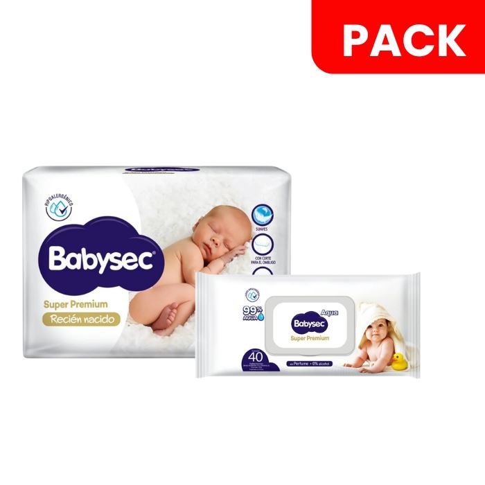 Pañal Babysec Recién Nacido Bolsa 20 UN & Toallitas Húmedas Super Premium - Pack 2 UN