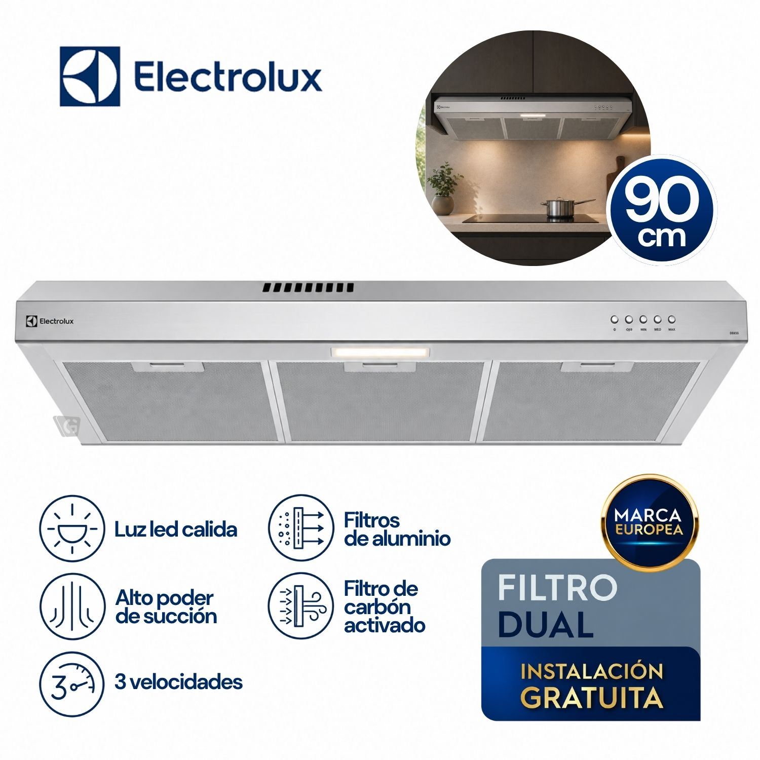 Campana Extractora Electrolux 90cm Alto Poder de Succión e iluminación LED Inox DE9SS