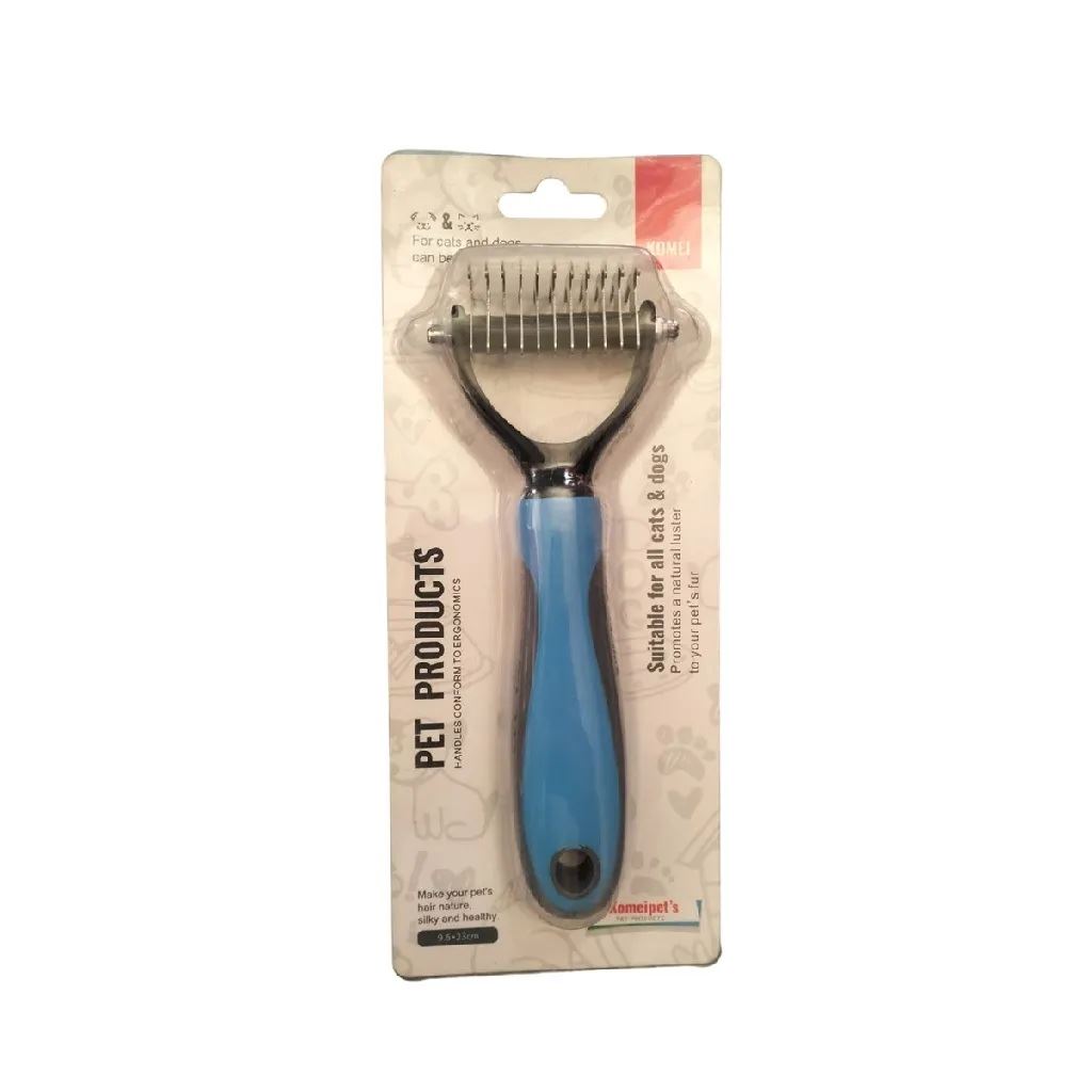 Cepillo desmotador deslanador chico celeste para mascotas perros y gatos