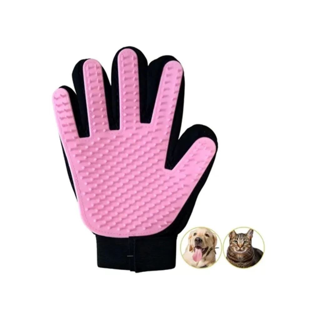 Guante de silicona masajeador quita pelo muerto para mascotas perros y gatos color rosado