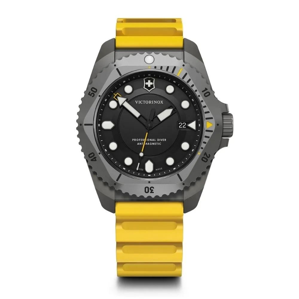 Reloj Dive Pro, correa de caucho color amarillo, dial color negro, Victorinox