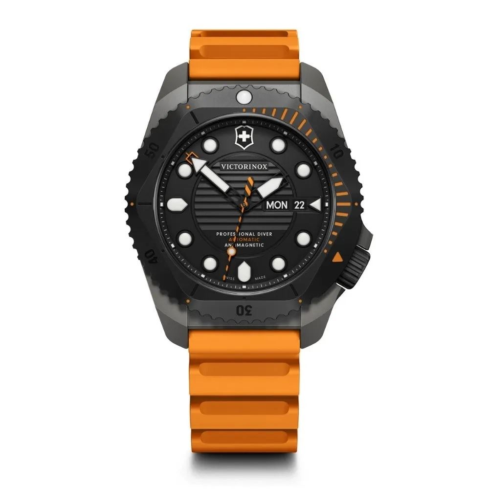 Reloj Naranja automático Dive Pro, correa de caucho, dial color negro, Victorinox