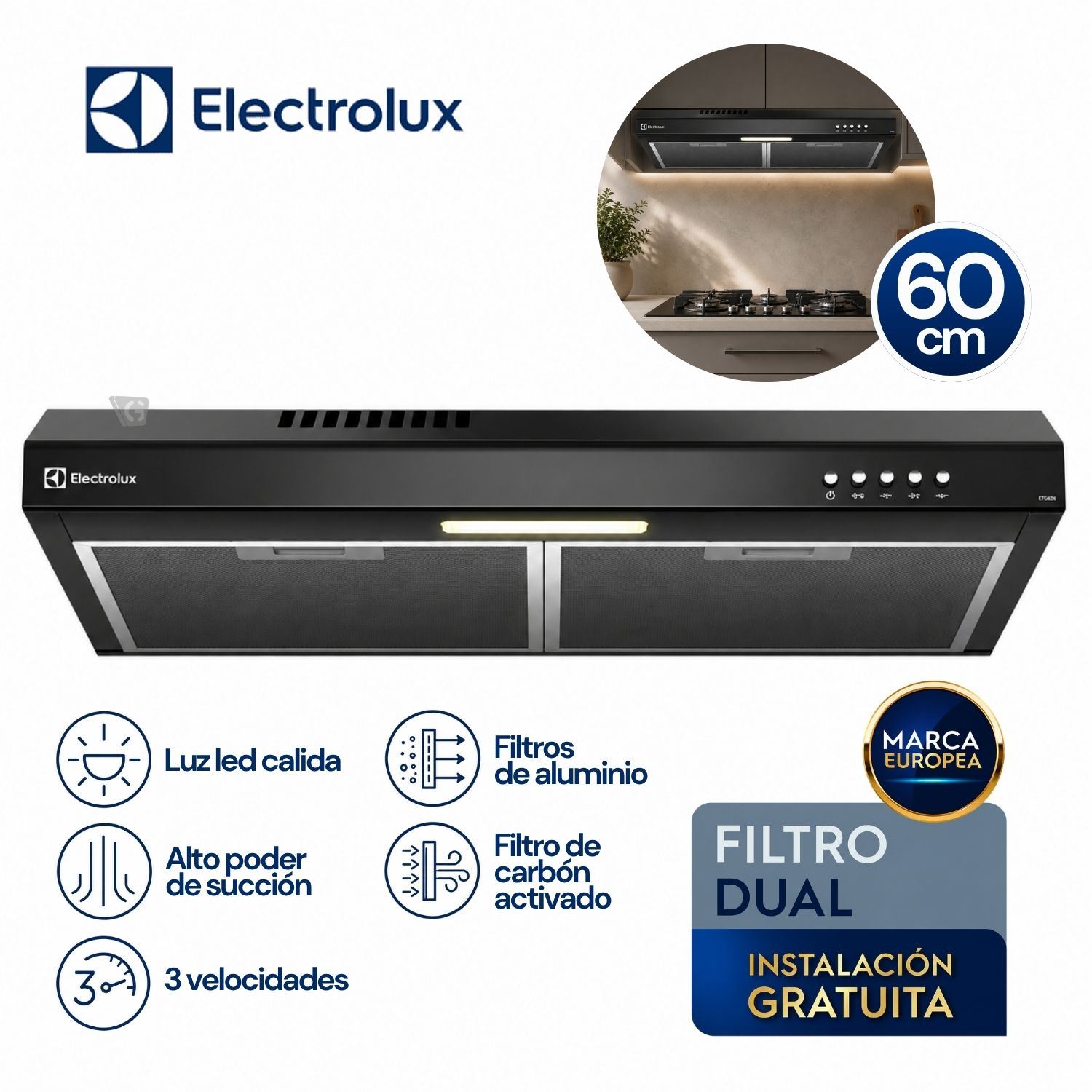 Campana Extractora Electrolux 60cm Alto Poder de Succión e iluminación LED Negra DE6SB
