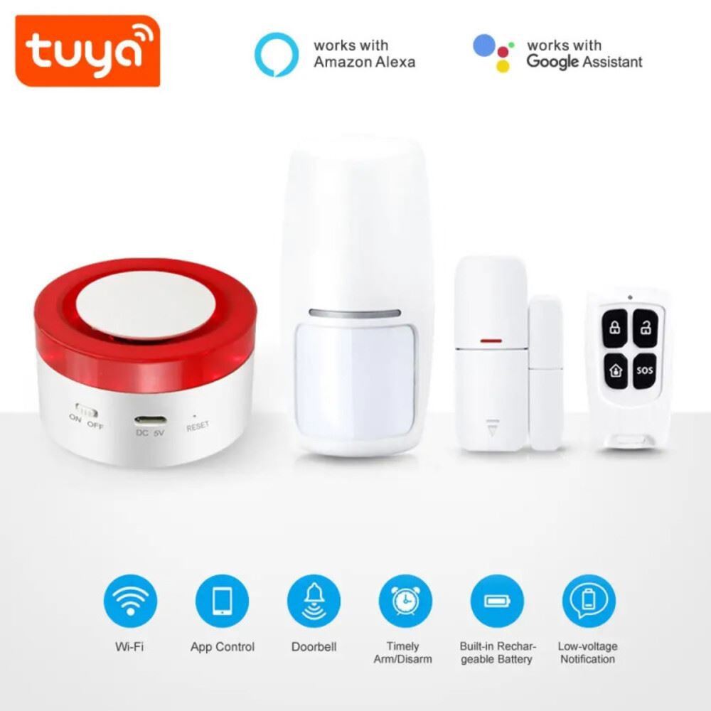 Kit de alarma Wifi PST-H1 Tuya 2.4Ghz Sirena, Sensor de puerta o ventana, con llavero