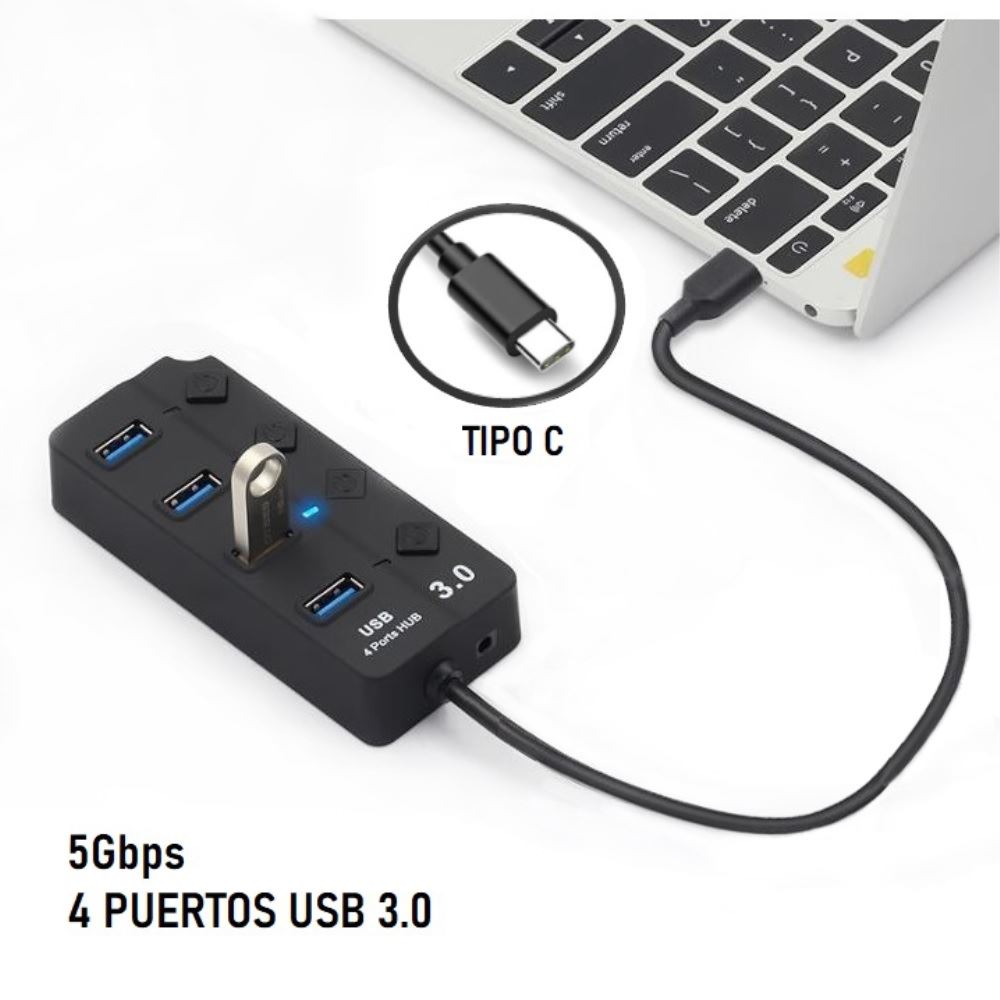 HUB Tipo C de 4 Puertos USB 3.0 con Interruptor individual 5Gbps