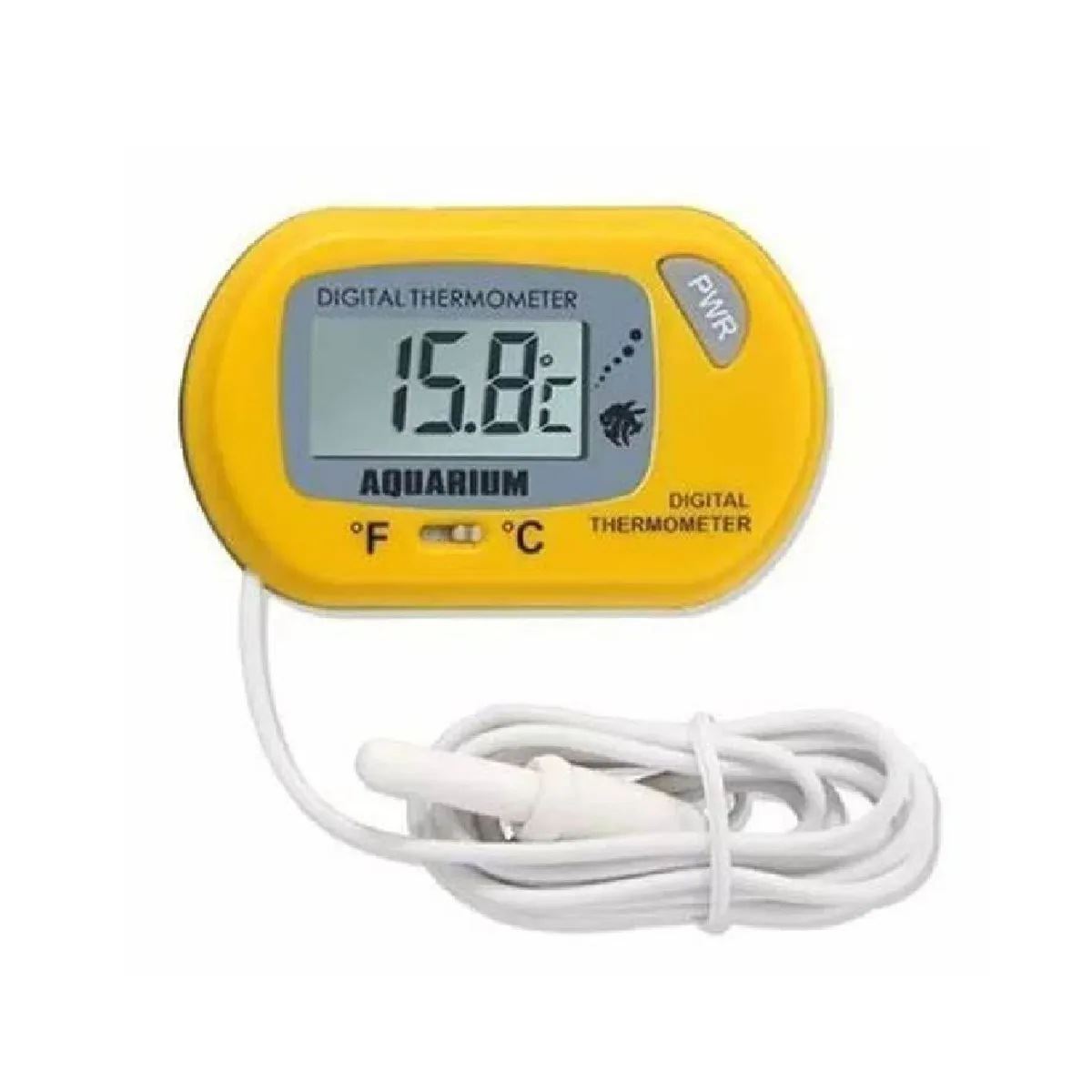 Termómetro digital amarillo con electrodos para peceras y acuarios