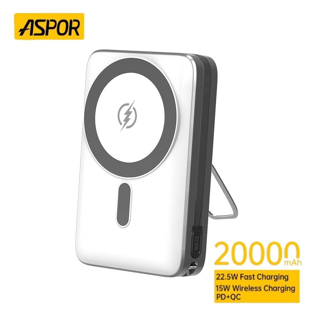 Batería Externa Portátil ASPOR 20 000 mAh Blanco A386 Carga Rápida Inalámbrica