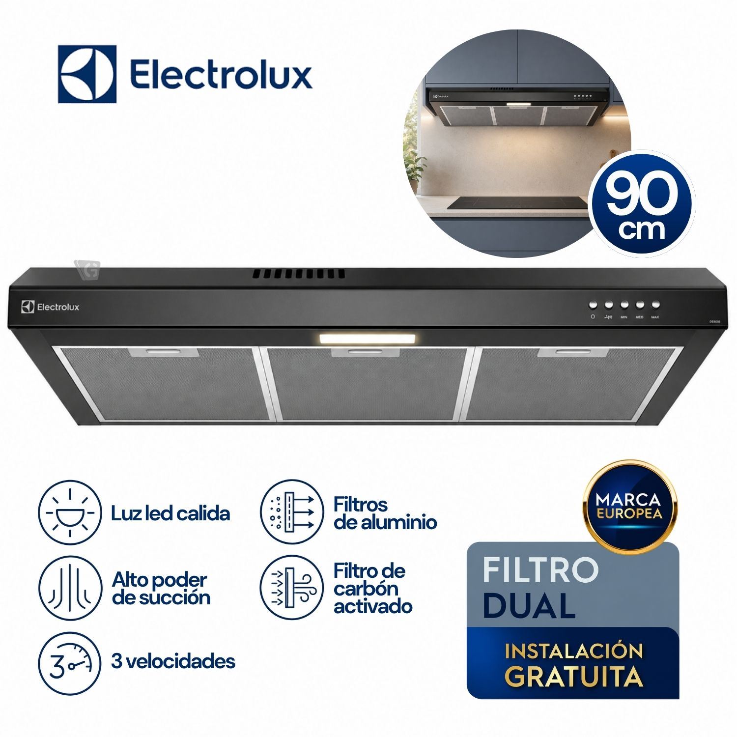 Campana Extractora Electrolux 90cm Alto Poder de Succión e iluminación LED Negra DE9SB