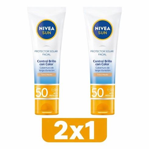 Pack x2 Nivea Sun Protector Solar Facial Control Brillo con color FPS50 50ML - Tono Medio