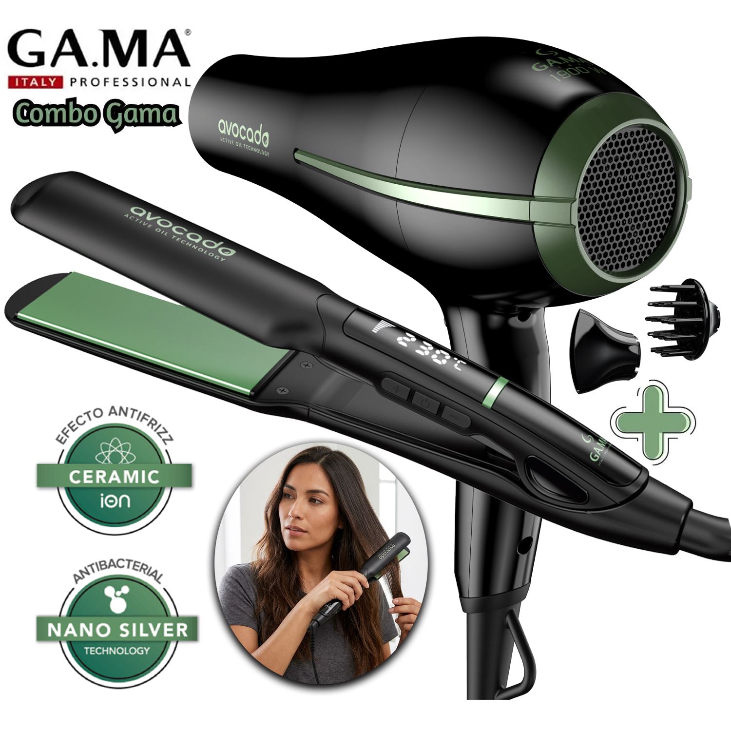 Combo GAMA Secadora Tempo Avocado 2897+Plancha Alisador X-Wide Avocado 2790