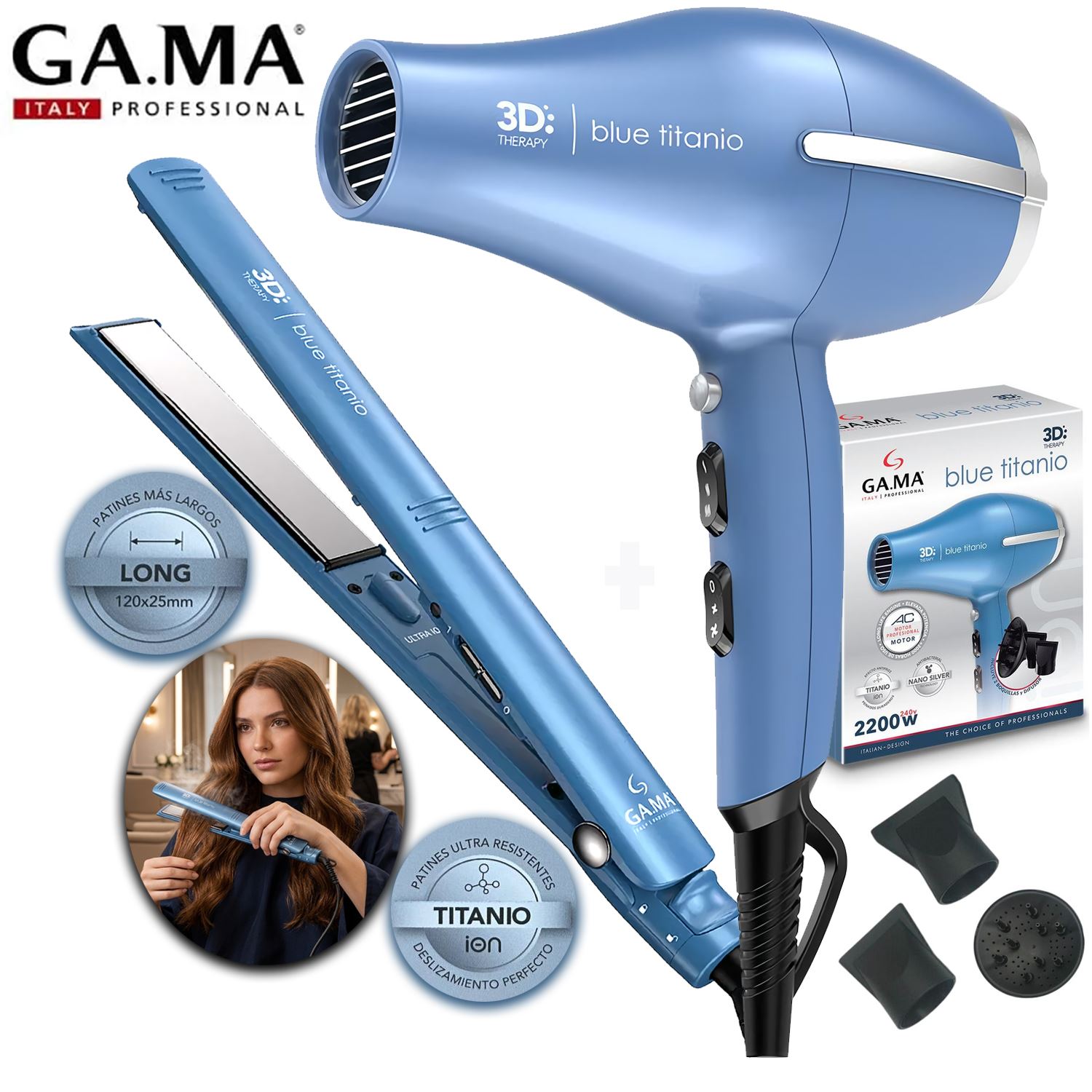 Combo GAMA Secadora Titanio 3D Therapy Anti-Frizz  2901 +Plancha Alisador 3D Titanio 2426