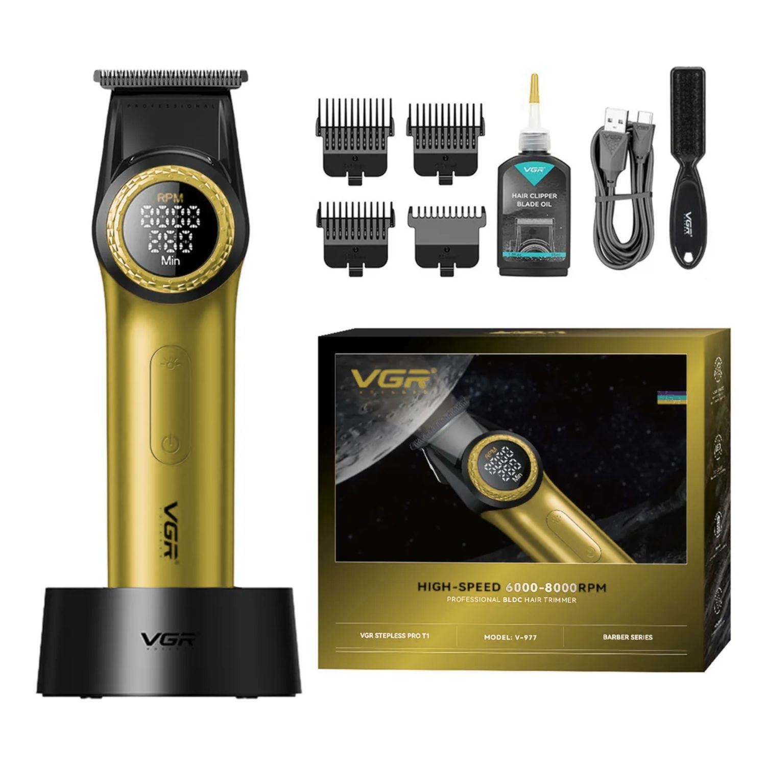 Cortadora de Pelo Trimmer Profesional VGR V-977 con Motor BLDC 8000RPM, Luz LED y Corte Cero