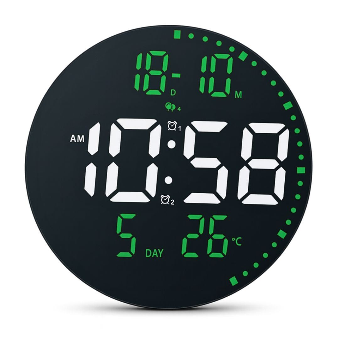 Reloj Digital LED Redondo 25 cm con Alarma, Fecha, Temperatura, Brillo Ajustable y Control Remoto
