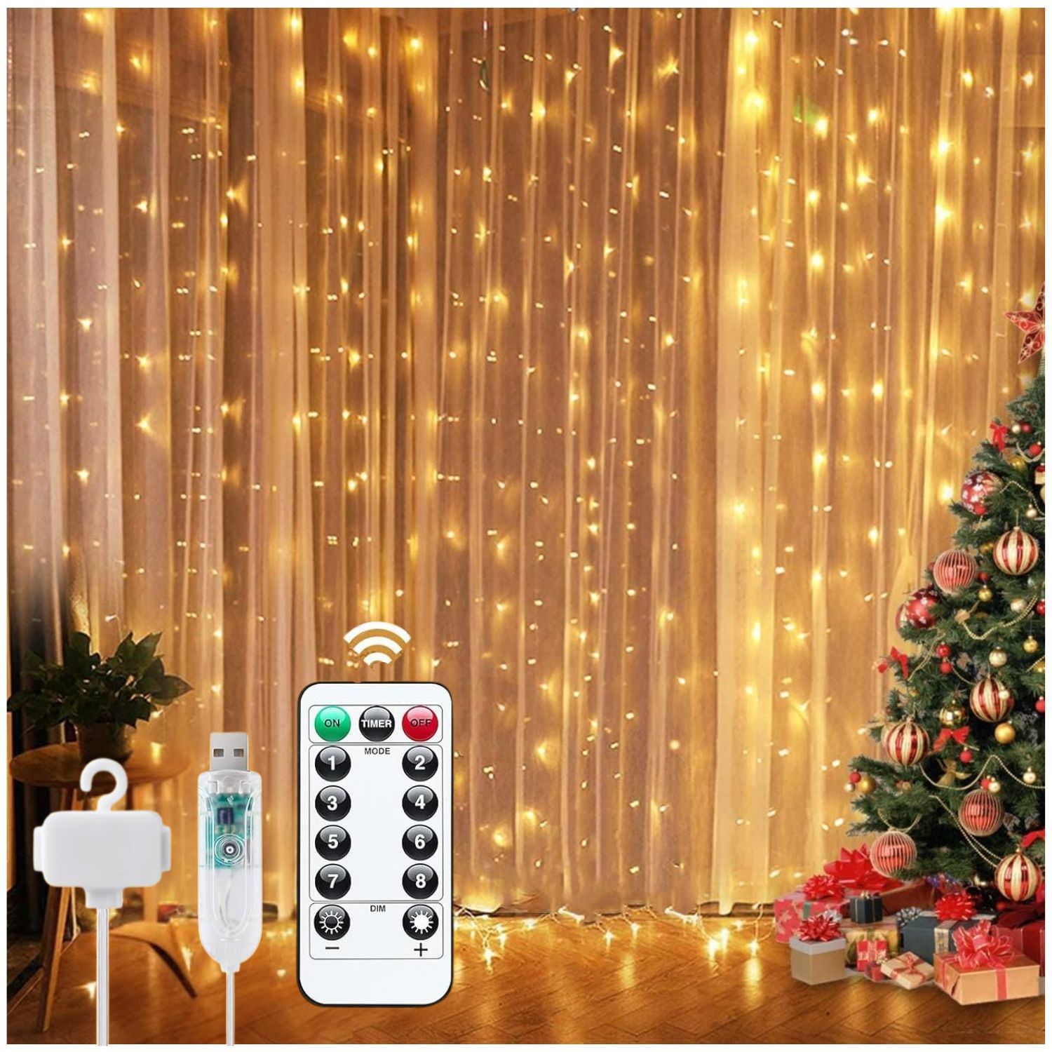 Cortina de Luces LED Tipo Hadas 3x3M con 300 LED, USB, 10 Caídas, Control Remoto, Temporizador y 8 Modos de Iluminación
