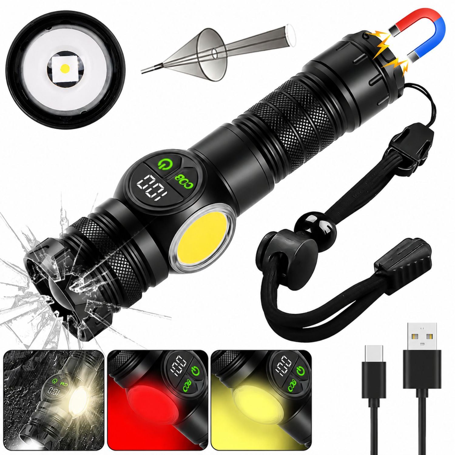 Linterna LED Multifunción 2000LM Con Luz COB Lateral Base Magnética Recargable USB Tipo C Largo Alcance