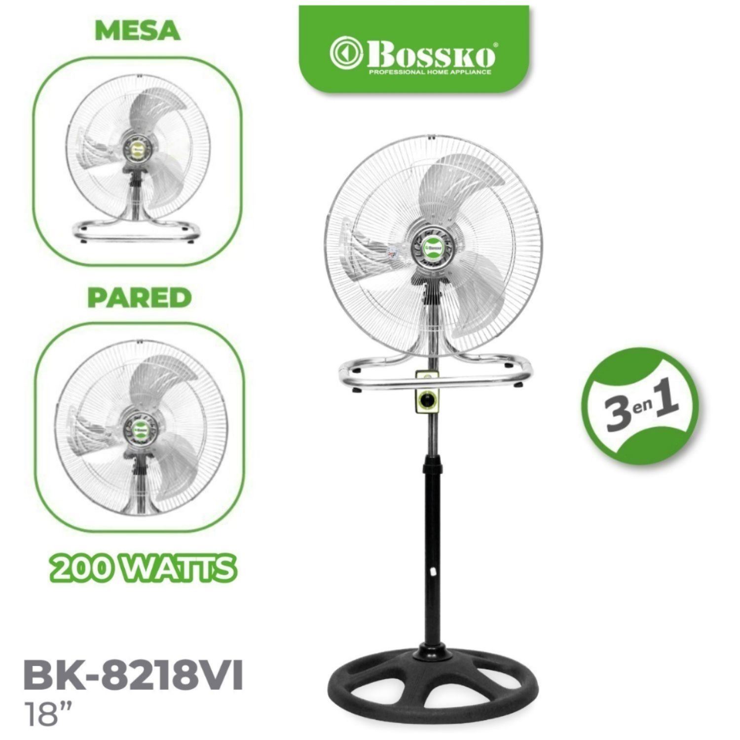 Ventilador Bossko BK 8218VI Malla Plateado 200 Watts, 3 en 1 Pedestal, Mesa y Pared