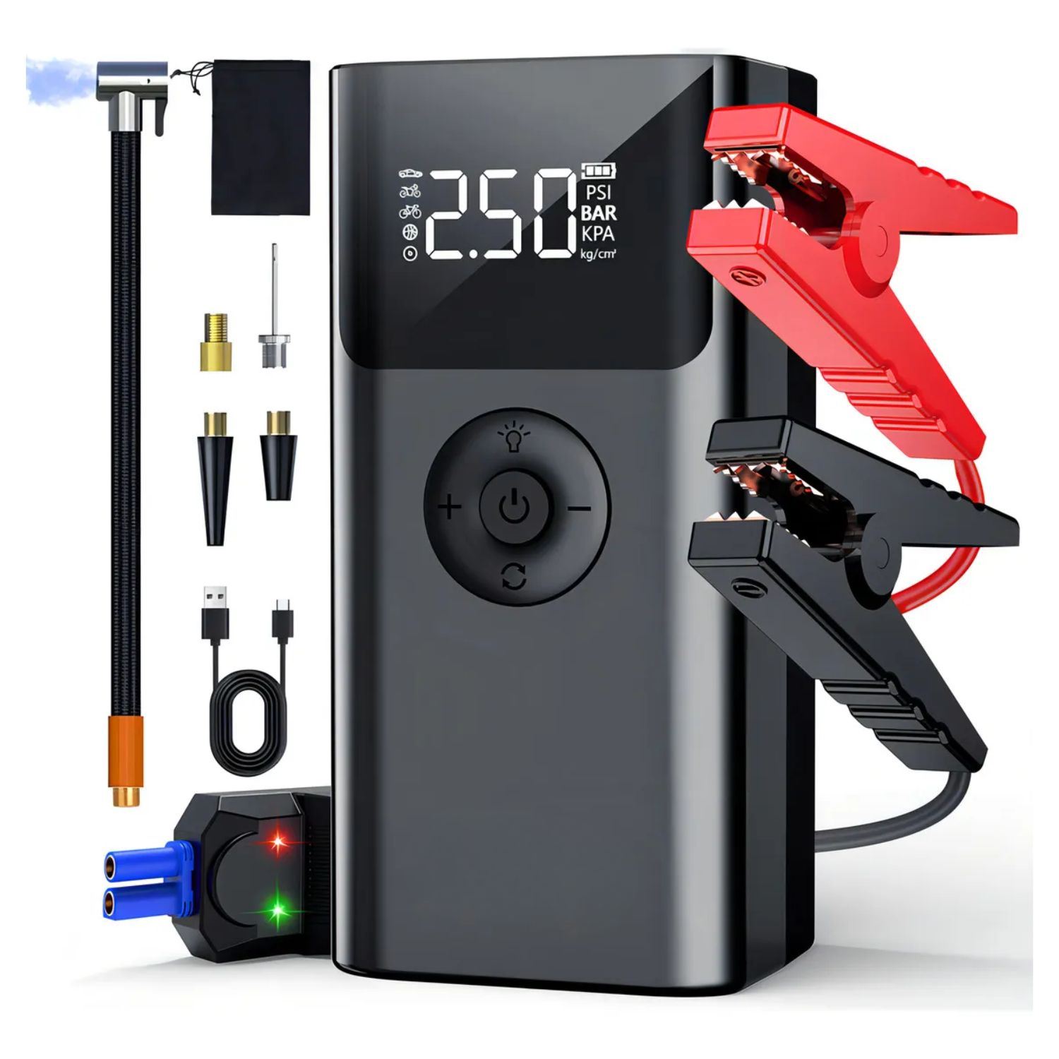 Arrancador de Autos QS003 500A con Pico de 1500A, Compresor 150 PSI, Power Bank 8000mAh y Luz LED Multifunción