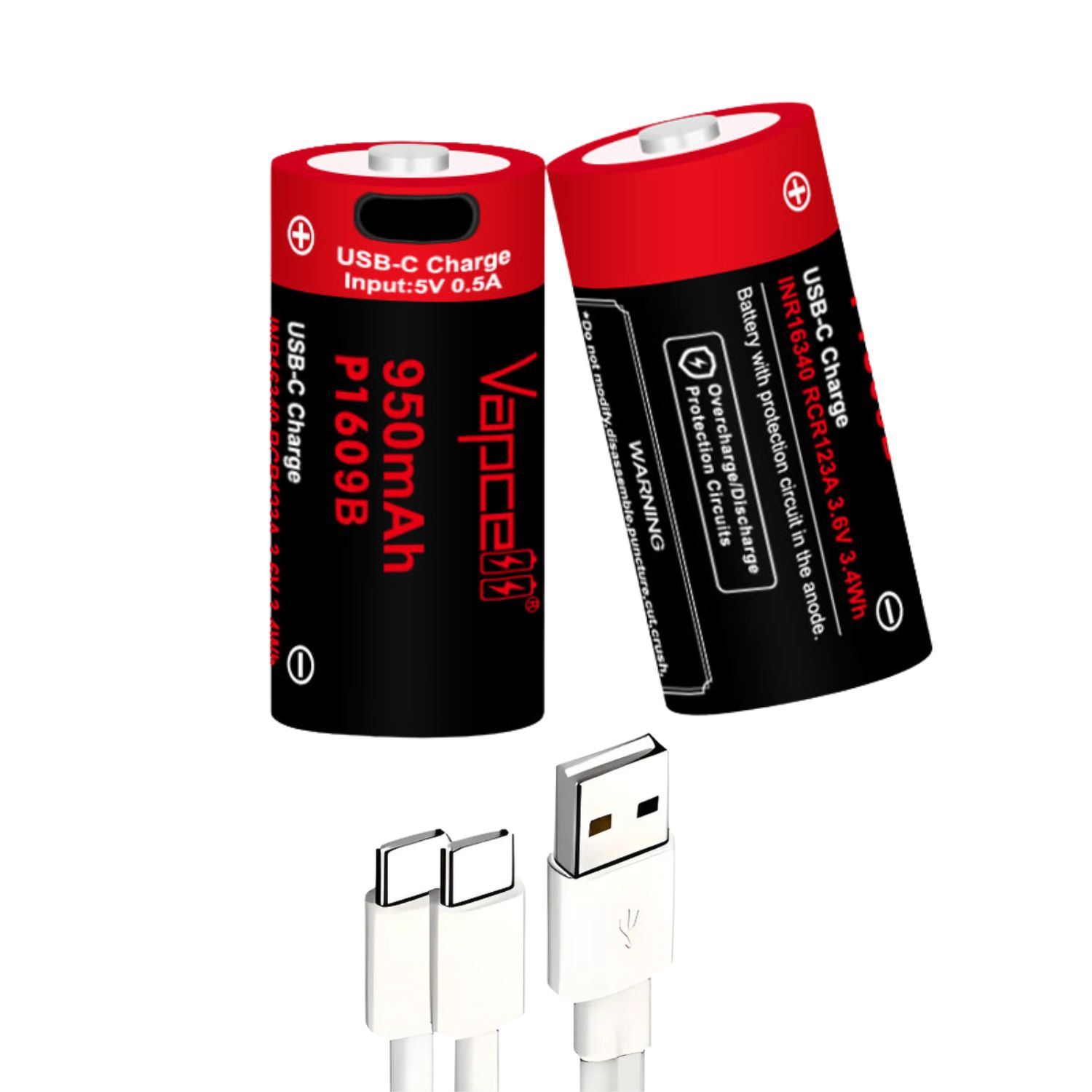 Pila Recargable CR123A 16340 USB-C 950mAh Para Linternas Tácticas Cámaras Seguridad y Outdoor