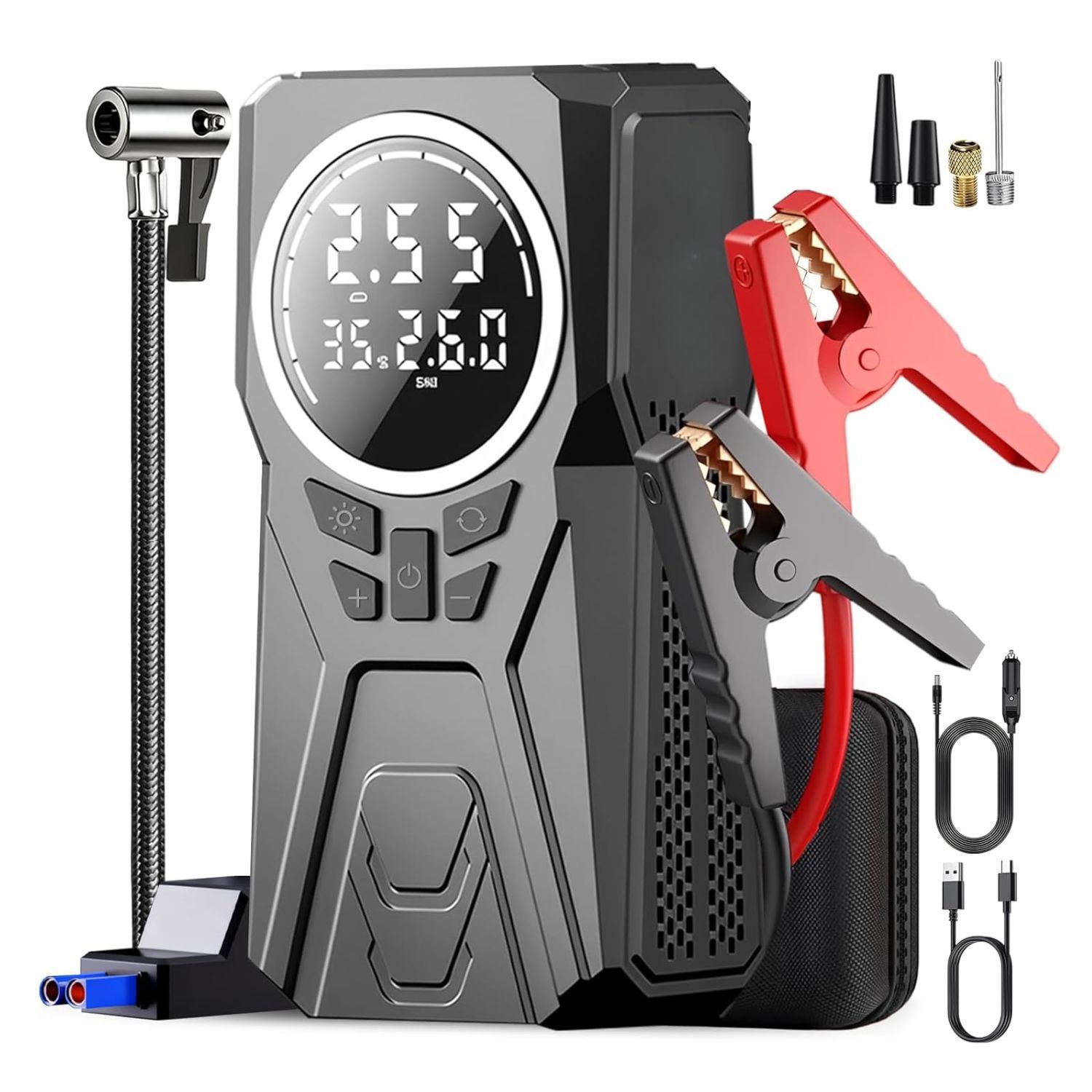 Arrancador de Auto con Compresor de Aire 150 PSI, Inflador Portátil, Linterna LED y Power Bank